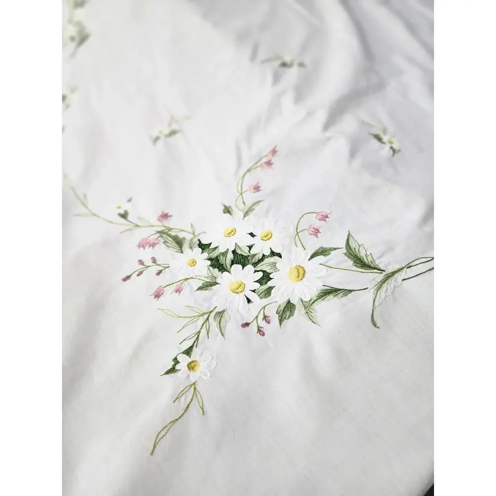 Vintage Rectangular Embroidered Floral Fabric Tablecloth Light Stain 79